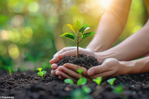 Erde-Tag-Konzept drei Hände tragen einen Baum zu pflanzen Generative Ai