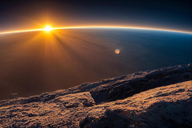 Erde vom Satelliten im Weltraum im Morgengrauen Sonnenaufgang mit Strahlen und Sternennacht über Galaxien