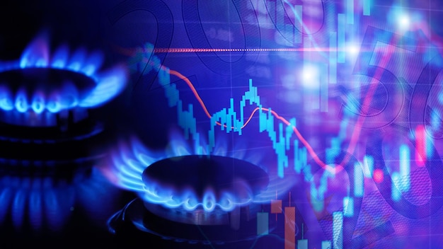 Erdgaskostenwachstumskonzept mit Gasbrennern und Aktiendiagrammen