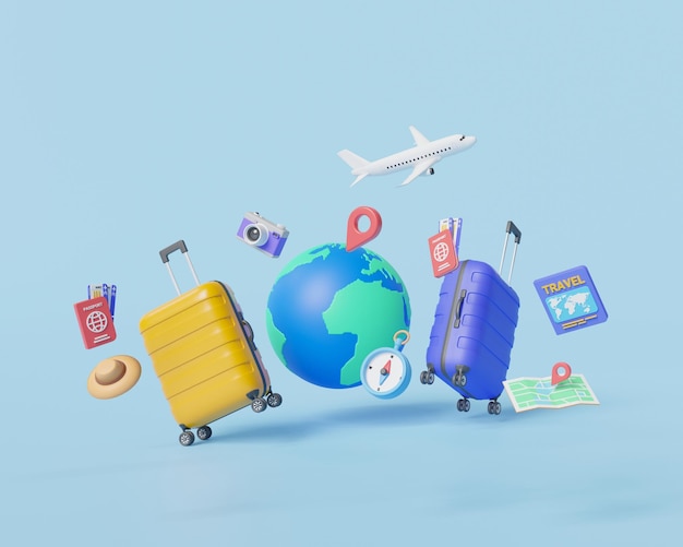 Erdglobus-Lokation Pin-Passport Kompass-Karten Flugzeug und Gepäck Reisen Online-Konzept Flug ins Ausland Online-Ticket Reiseplanung Reisen in die Welt Reisen und Tourismus 3D-Render-Illustration