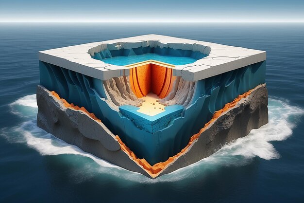 Erdkernstruktur mit einem geschichteten Querschnitt aus dem Ozean 3D-Rendering