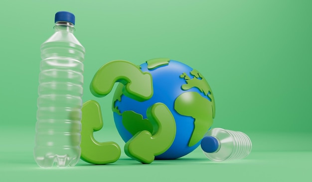 Erdkugel mit leeren Plastikflaschen und Recycling-Symbol Globales Plastikverschmutzungskonzept 3D-Rendering