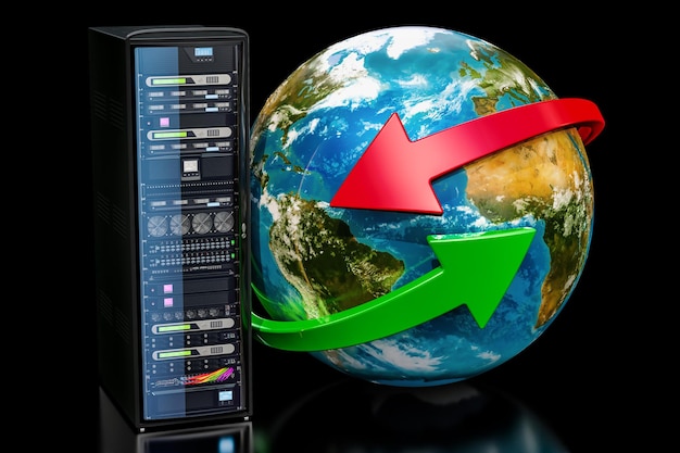 Erdkugel mit Server-Rack Globales Netzwerkkonzept 3D-Rendering