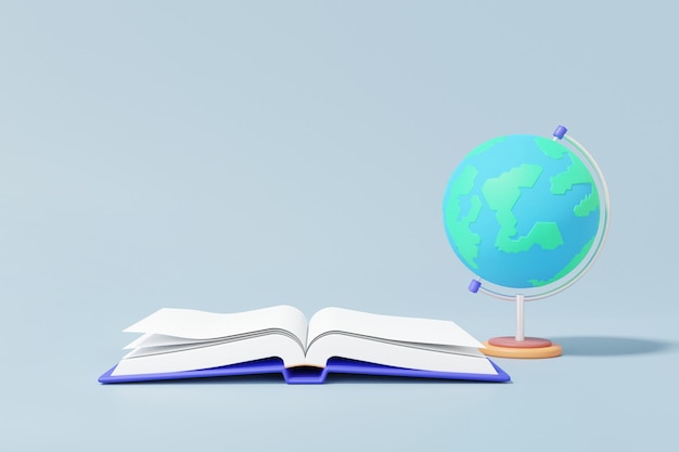 Erdkugel und offenes Buch auf himmelblauem Hintergrund Wissenschaftslernen Erdkunde Bildung Minimaler Cartoon niedlicher glatter Kopierraum Banner 3D-Rendering-Illustration