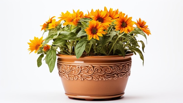 Foto erdliche eleganz blühende sonnenblumen in terra cotta topf auf weißem hintergrund