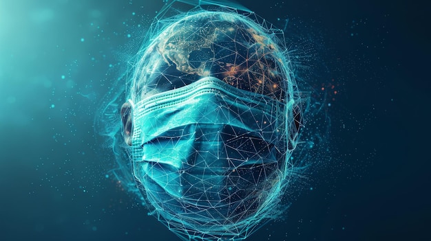 Erdmaske Low-Poly-Wireframe-Stil Konzept des globalen Schutzes und der Verhinderung der Ausbreitung von Covid-19 Coronavirus Polygonale Form auf blauem Hintergrund