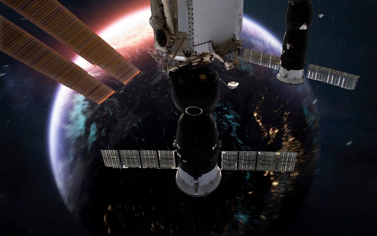 Foto erdplanet und iss, fantastische science-fiction-tapete. elemente dieses bildes von der nasa geliefert
