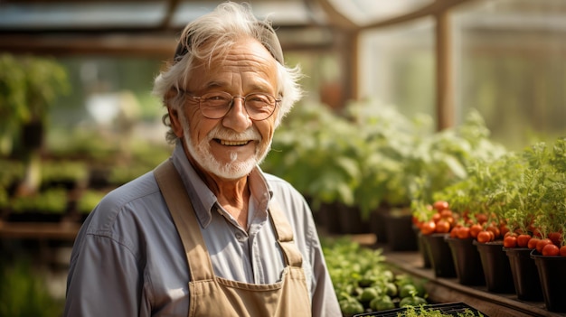 Foto erfahrener älterer gärtner mit einer vielzahl von pflanzen in einem gewächshaus