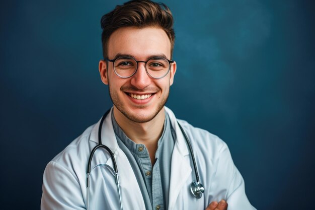 Erfahrener Arzt mit Brille und Stethoskop vor dunklem Hintergrund