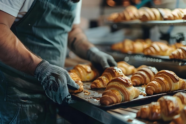 Erfahrener Bäcker, der Croissants herstellt, um sie in seiner Bäckerei an die Öffentlichkeit zu verkaufen.