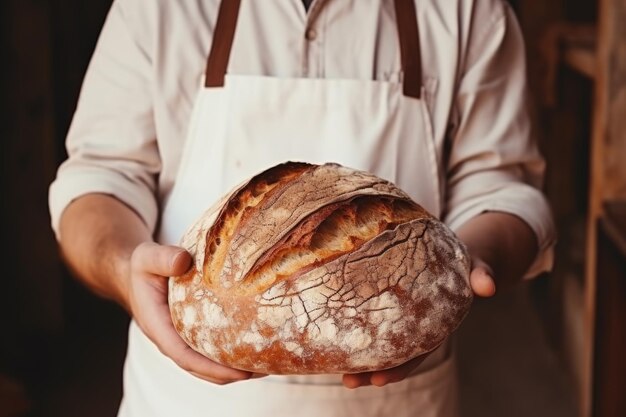 Erfahrener Bäcker hält dunkel warmes Brot Bäckerei frischer hausgemachter Weizenkuchen professioneller Mann Küche