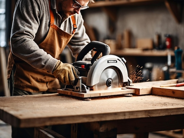 Erfahrener Handwerker schneidet in einer Werkstatt ein Holzbrett mit einer Kreissäge