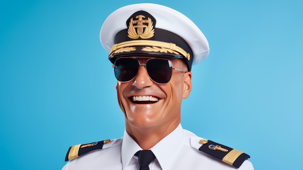 Erfahrener männlicher Pilot in Uniform mit Pilotensonnenbrille auf himmelblauem Hintergrund