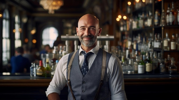 Erfahrener Mixologe steht hinter einer stilvollen Bar und hält einen Cocktail-Shaker