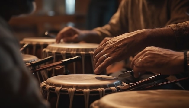 Erfahrener Musiker, der perkussive Kunst mit von KI generierten Händen kreiert