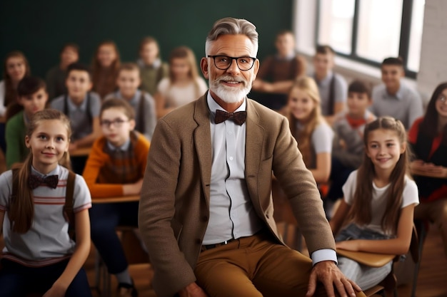 Erfahrener Nachhilfelehrer, reifer Lehrer, der Schüler in Zeilen mit generativer KI einbezieht