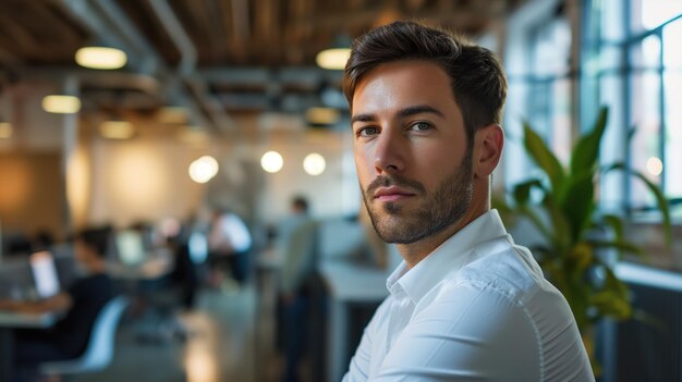 Foto erfahrener projektmanager in einem dynamischen büro, softwareentwickler, die im hintergrund arbeiten