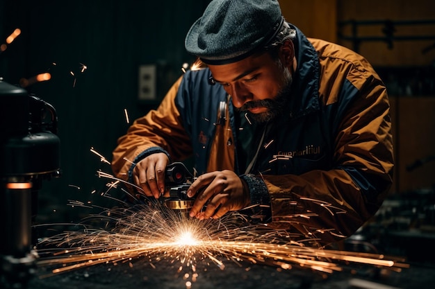 Erfahrener Schweißer in der Fabrik mit Schutzkopfbedeckung bedient Metallbearbeitungsmaschinen