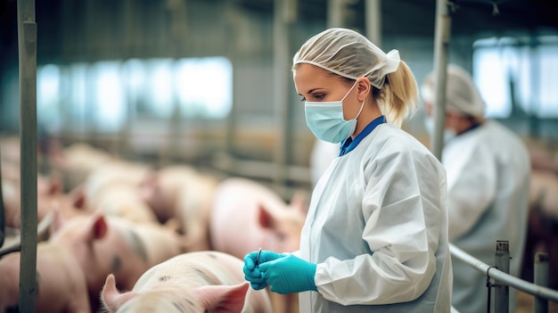 Erfahrener Tierarzt, der auf einer riesigen Schweinefarm arbeitet und den Gesundheitszustand der Tiere überprüft. Erstellt mit generativer KI-Technologie