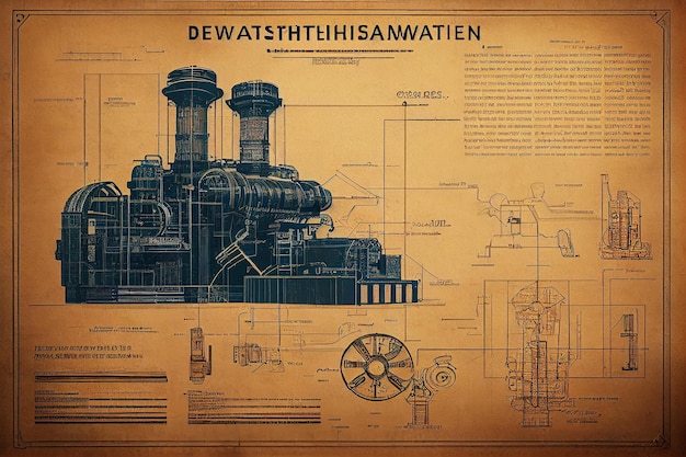 Erfindung Blaupause des Motors auf Vintage-Papier Generative KI