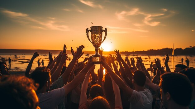 Foto erfolg der teamarbeit, gemeinsames erreichen von zielen im geschäft und im leben. das gewinnerteam hält die trophäe in den händen. silhouetten vieler hände im sonnenuntergang