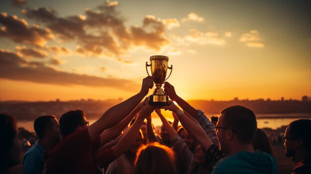 Erfolg der Teamarbeit, gemeinsames Erreichen von Zielen im Geschäft und im Leben. Das Gewinnerteam hält die Trophäe in den Händen. Silhouetten vieler Hände im Sonnenuntergang