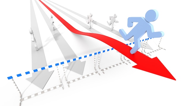 Erfolg im Geschäft mit legaler Bewegung - konzeptionelles 3D-Bild mit Pfeil und Hindernissen