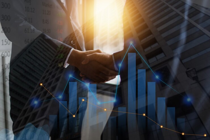 Foto erfolg und erzielung von verhandlungsgeschäften, geschäftsleute schütteln sich die hände und kooperieren bei investitionen in das geschäft, nahaufnahme von geschäftsleuten mit börsendiagramm und forex-daten