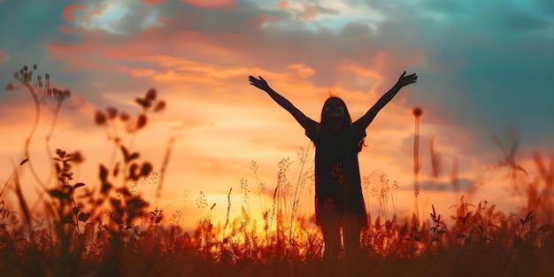 Erfolg und Leistung symbolisieren Silhouette eines Mädchens mit erhobenen Armen gegen einen dramatischen Sonnenuntergang Himmel Konzept Erfolg Leistung Silhouette Mädchen Sonnenuntergangs Himmel