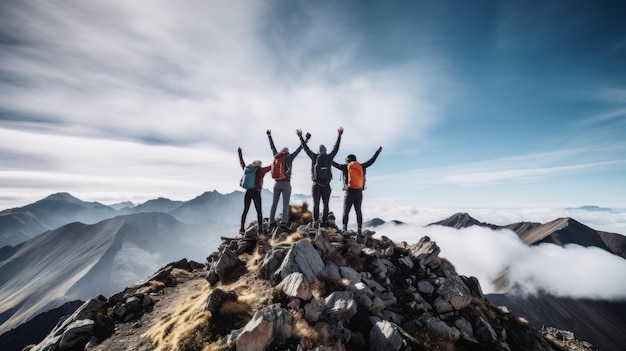 Erfolge auf dem Berggipfel feiern Freunde vereinen sich in Freude und Triumph