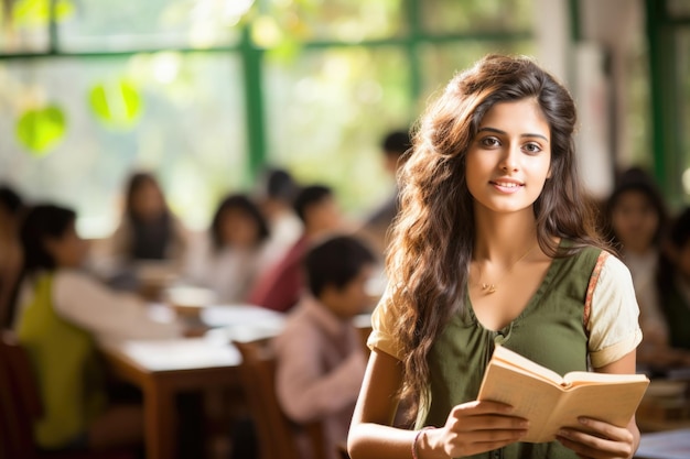 Erfolgreiche indische Studentin mit einer Gruppe von College-Studenten im Klassenzimmer der Universität