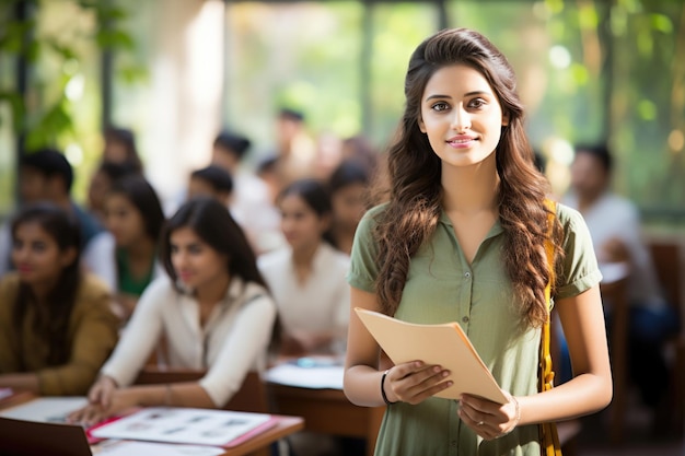 Erfolgreiche indische Studentin mit einer Gruppe von College-Studenten im Klassenzimmer der Universität