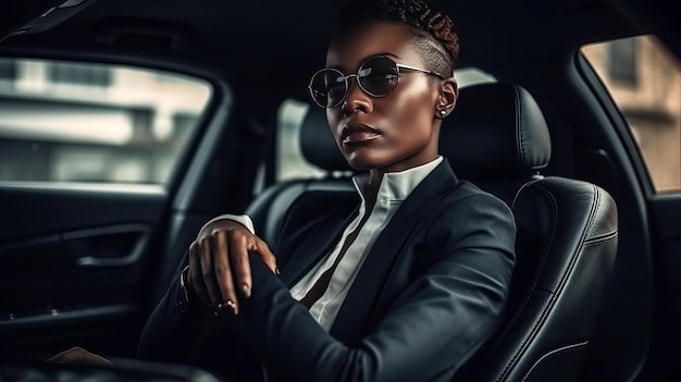 Erfolgreiche schwarze Frau in einem Geschäftsanzug sitzt in einem luxuriösen Leder-Auto-Interieur