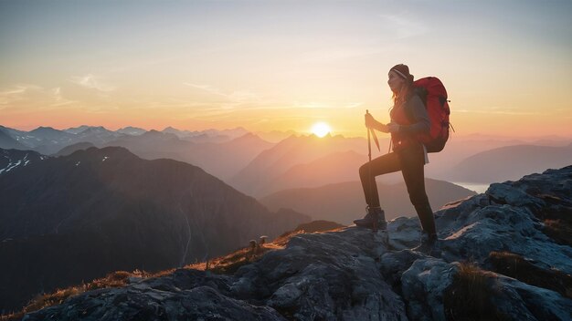 Erfolgreiche Wandererin wandert auf dem Sonnenaufgang auf dem Berggipfel. Junge Frau mit Rucksack steigt in die Berge.