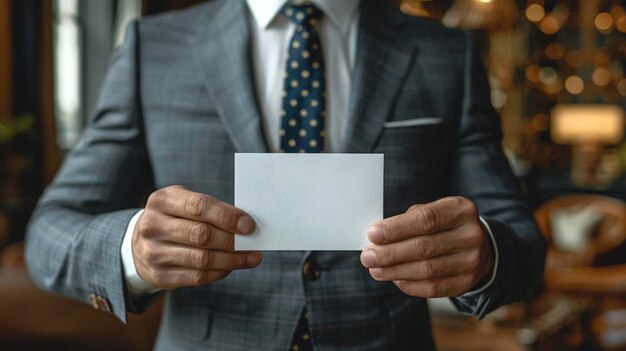 Foto erfolgreicher geschäftsmann zeigt ein leeres blatt papier