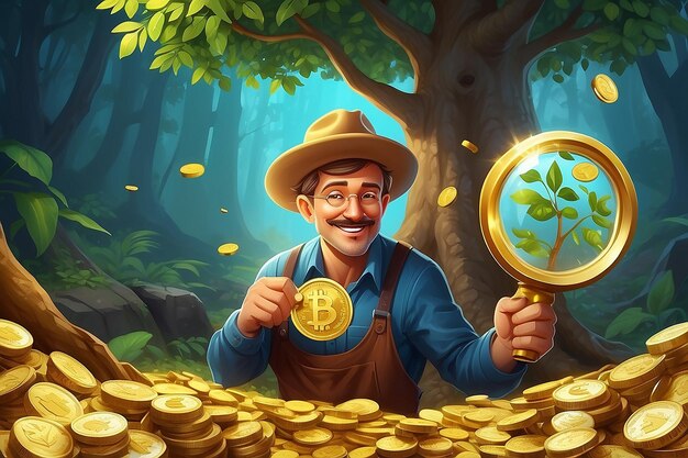 Erfolgreicher Goldgräber Glücklicher sieht aus der Nähe eine goldene Münze durch eine Lupe in der Nähe des Geldbaums