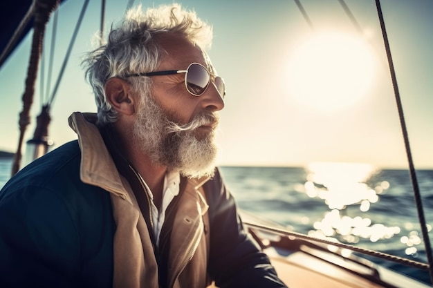 Erfolgreicher Mann aus dem Mittelalter sitzt auf einer Yacht und blickt auf das Meer