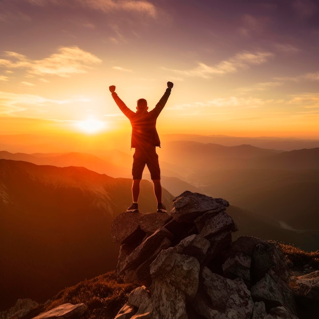 Erfolgreicher Mann Gewinner glückliche Person auf der Bergspitze Sportlicher Kerl, der die Hände hochhält und g bei Sonnenuntergang betrachtet Generative KI