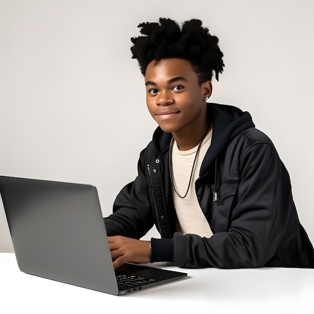 Erfolgreicher schwarzer junger Mann Student Freiberufler mit Laptop beobachten Webinare arbeiten remote elearning E-Commerce online isoliert in weißem Hintergrund Generative Ai