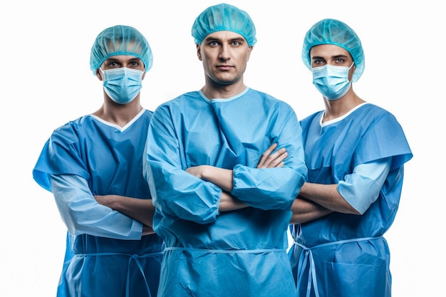 Erfolgreiches Team von Ärzten betrachten Kamera und lächeln bei der Stellung im Krankenhaus