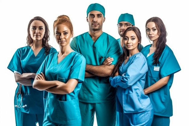 Erfolgreiches Team von Ärzten betrachten Kamera und lächeln bei der Stellung im Krankenhaus