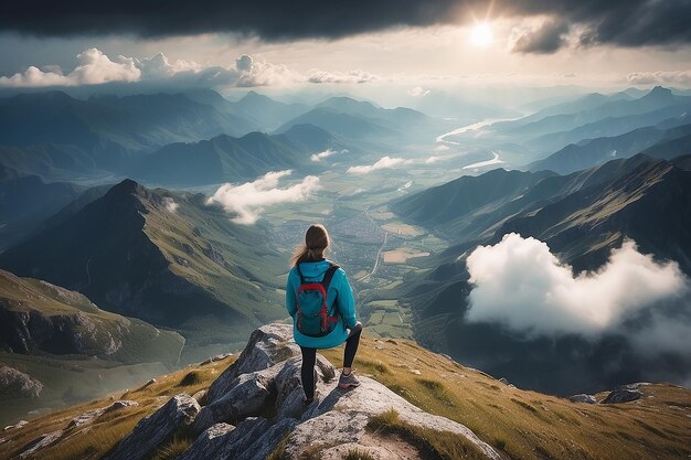 Erfolgskonzept der Frau mit Blick vom Gipfel des Berges dramatische Landschaft Wolken über dem Tal