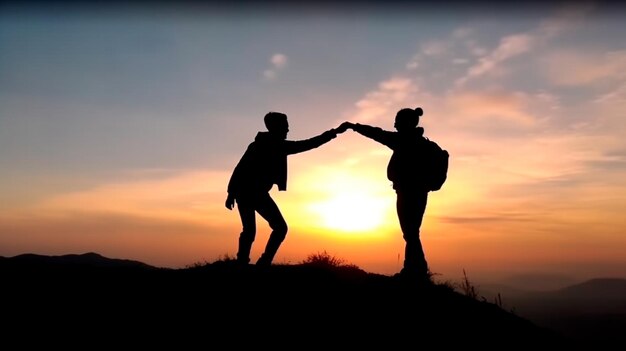 Erfolgskonzept mit der Silhouette zweier Wanderer, die auf dem Berggipfel High Five geben. Illustrator für generative KI