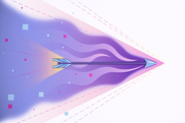 Erfolgswachstumskonzept mit violetten und blauen Farbtönen, die einen Pfeil fliegen und eine Spur von Linien auf abstraktem weißem Hintergrund hinterlassen 3D-Rendering