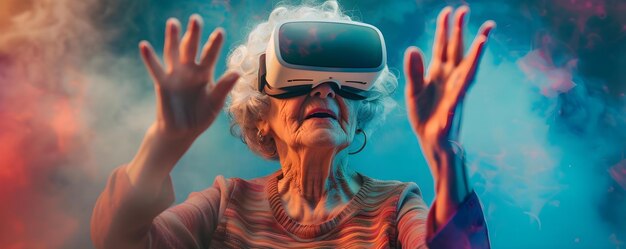 Erforschung neuer Abenteuer Die Freude, die von einer älteren Frau ausstrahlt39s Virtual Reality-Erfahrung Konzept Virtuelle Realität Ältere Frau Freudige Erfahrung Neue Abenteuer Technologieintegration