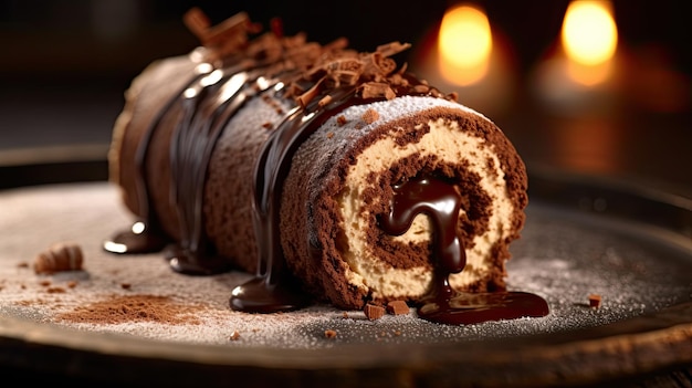 Erfreuen Sie sich an der Köstlichkeit einer Kuchenrolle, verziert mit köstlicher Schokolade