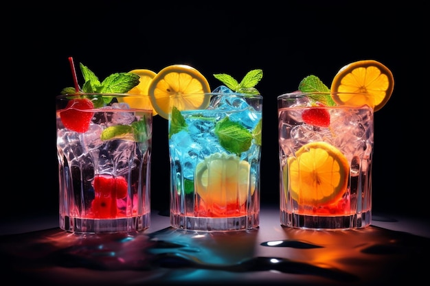 Erfrischende farbige Fruchtcocktail mit Eis, Zitrone und Minze auf einer Bar-Nachtclub-Party mit Erfrischungsgetränken