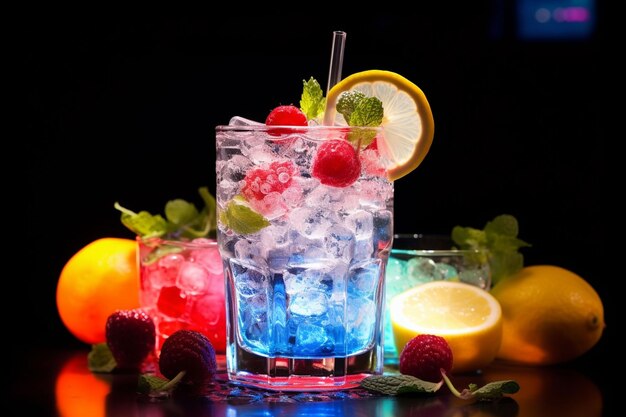 Erfrischende farbige Fruchtcocktail mit Eis, Zitrone und Minze auf einer Bar-Nachtclub-Party mit Erfrischungsgetränken