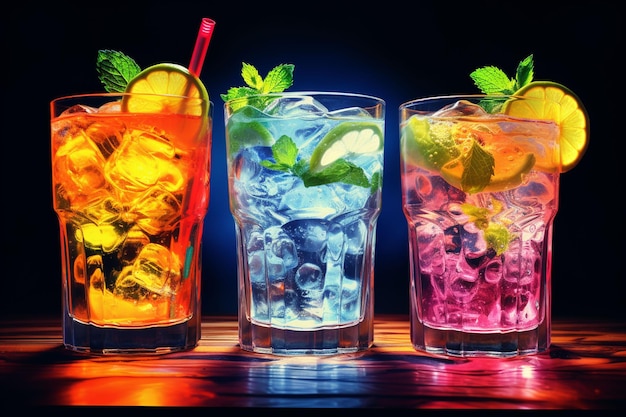 Erfrischende farbige Fruchtcocktail mit Eis, Zitrone und Minze auf einer Bar-Nachtclub-Party mit Erfrischungsgetränken