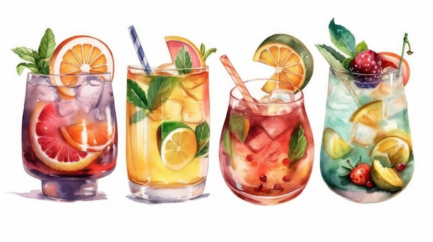 Erfrischende handgezeichnete Aquarell-Sommercocktails auf weißem Hintergrund